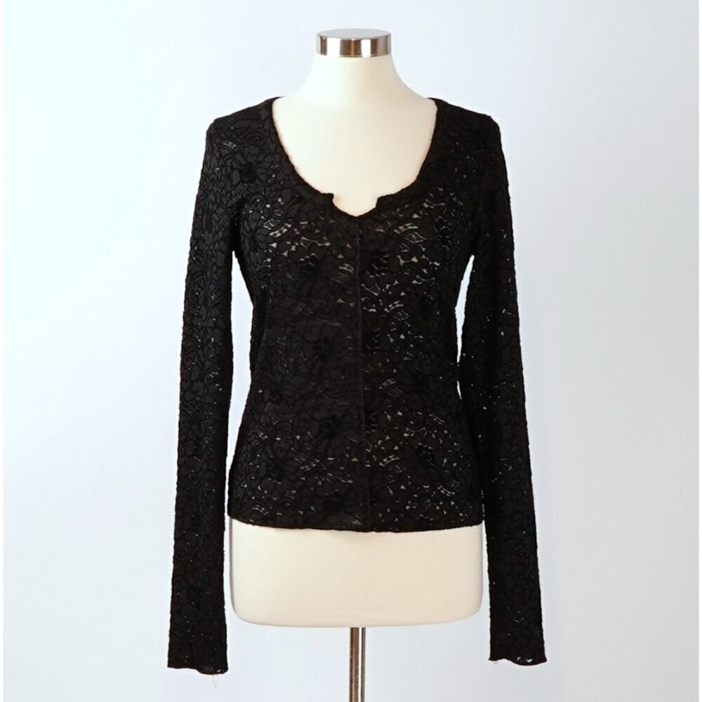Free People Cloud Ride Notch Long Sleeve Black Floral Lace - Size Large